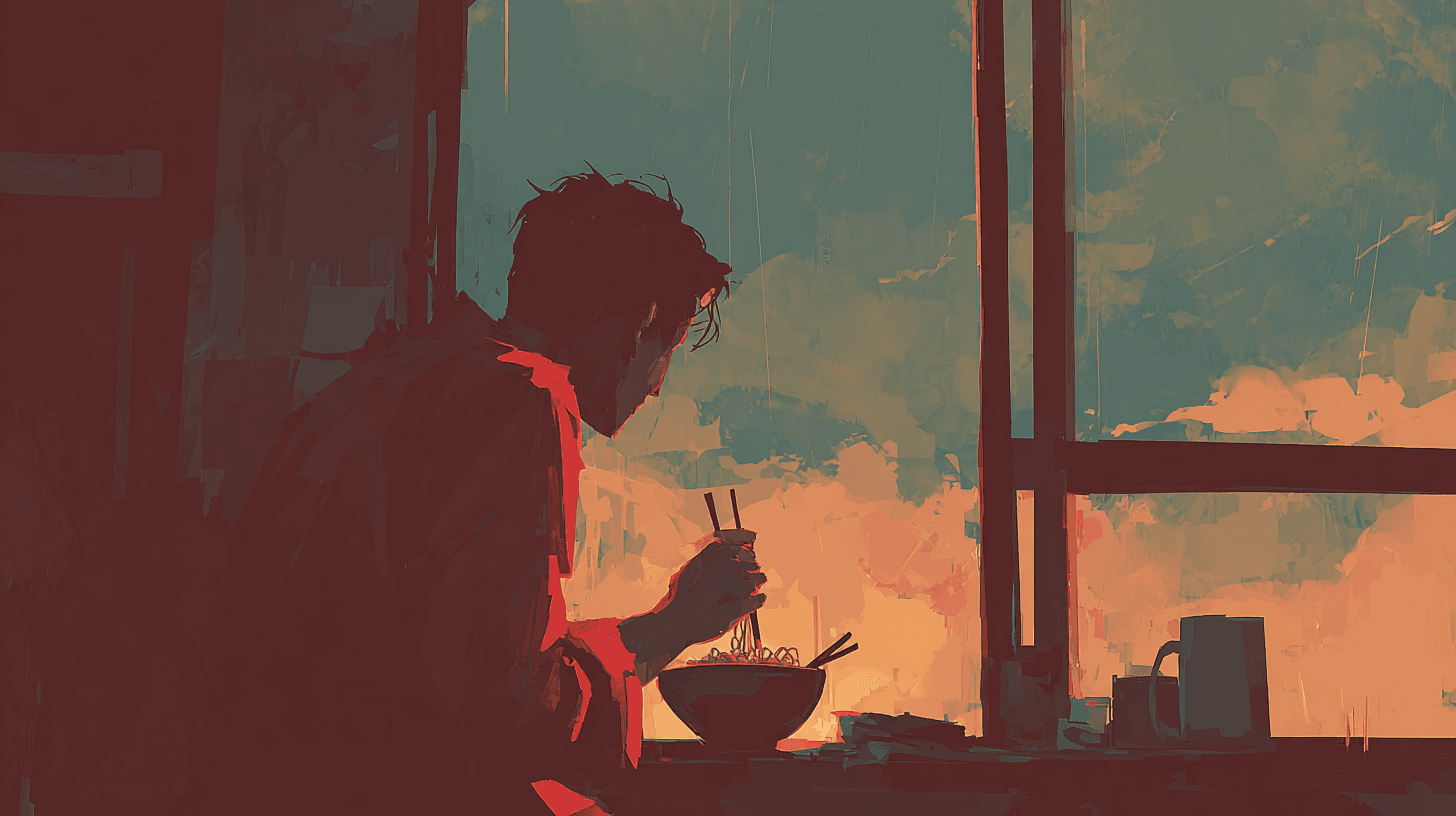 loop_on_a_painting_of_A_man_is_holding_a_bowl_of_instant_noodle_a165e334-c423-408d-beae-7a5101f4642f.png