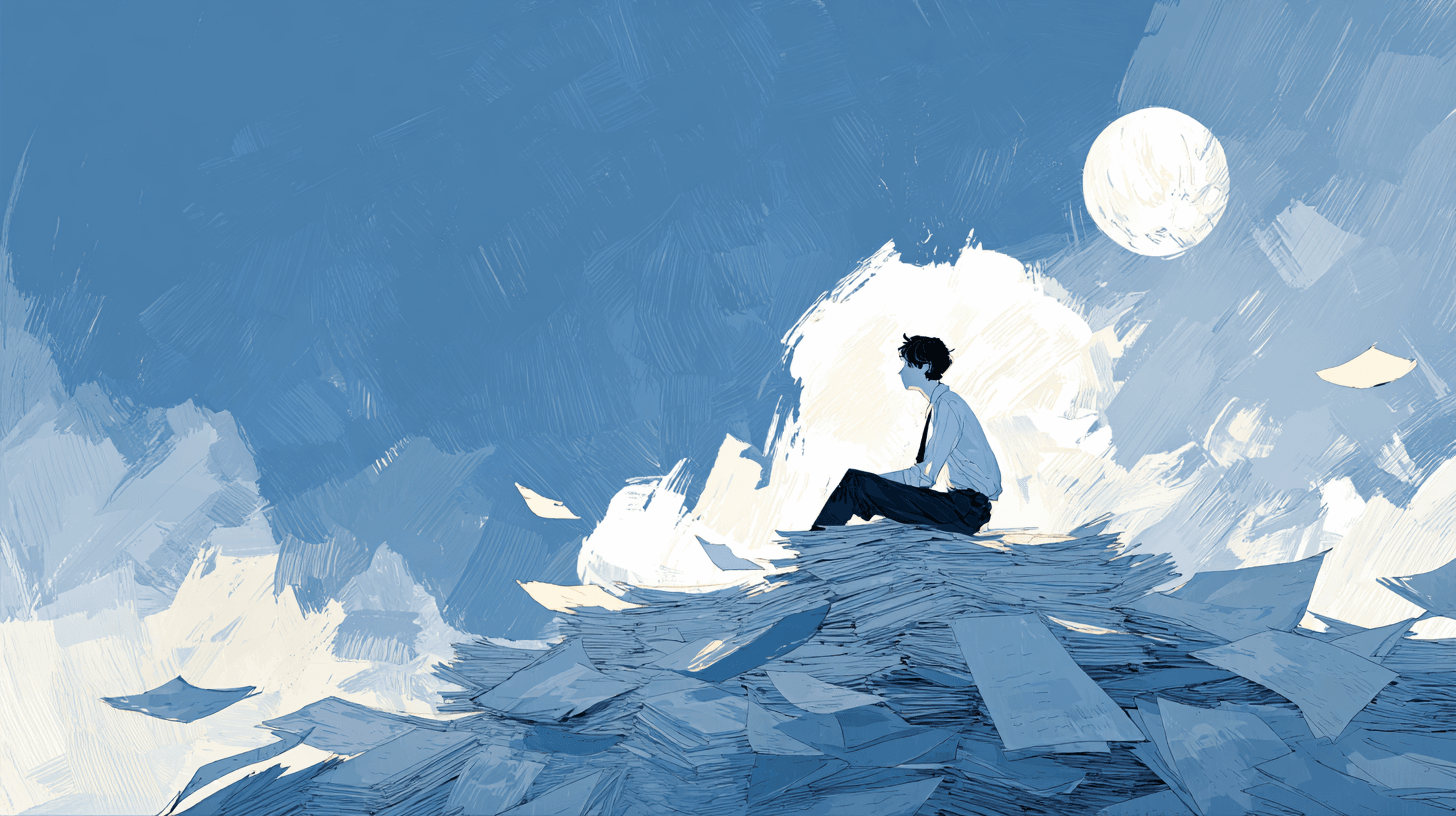 loop_on_A_boy_sits_atop_a_mountain_of_drafts_with_sheets_of_pap_818599f9-3240-45ae-ad4d-e704e1b4597f.png